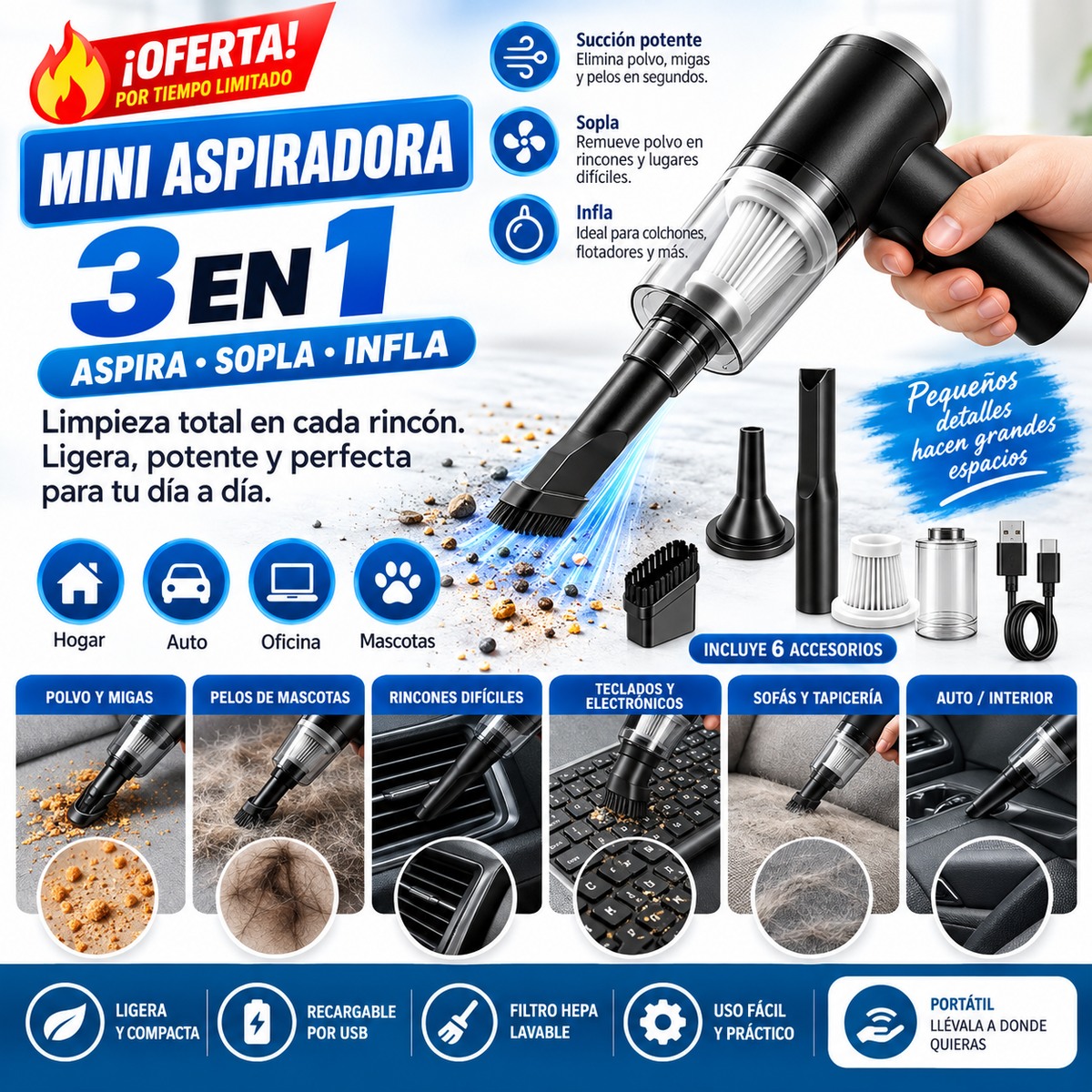 Mini Aspiradora 3 en 1 Potente y Portátil para Hogar y Auto