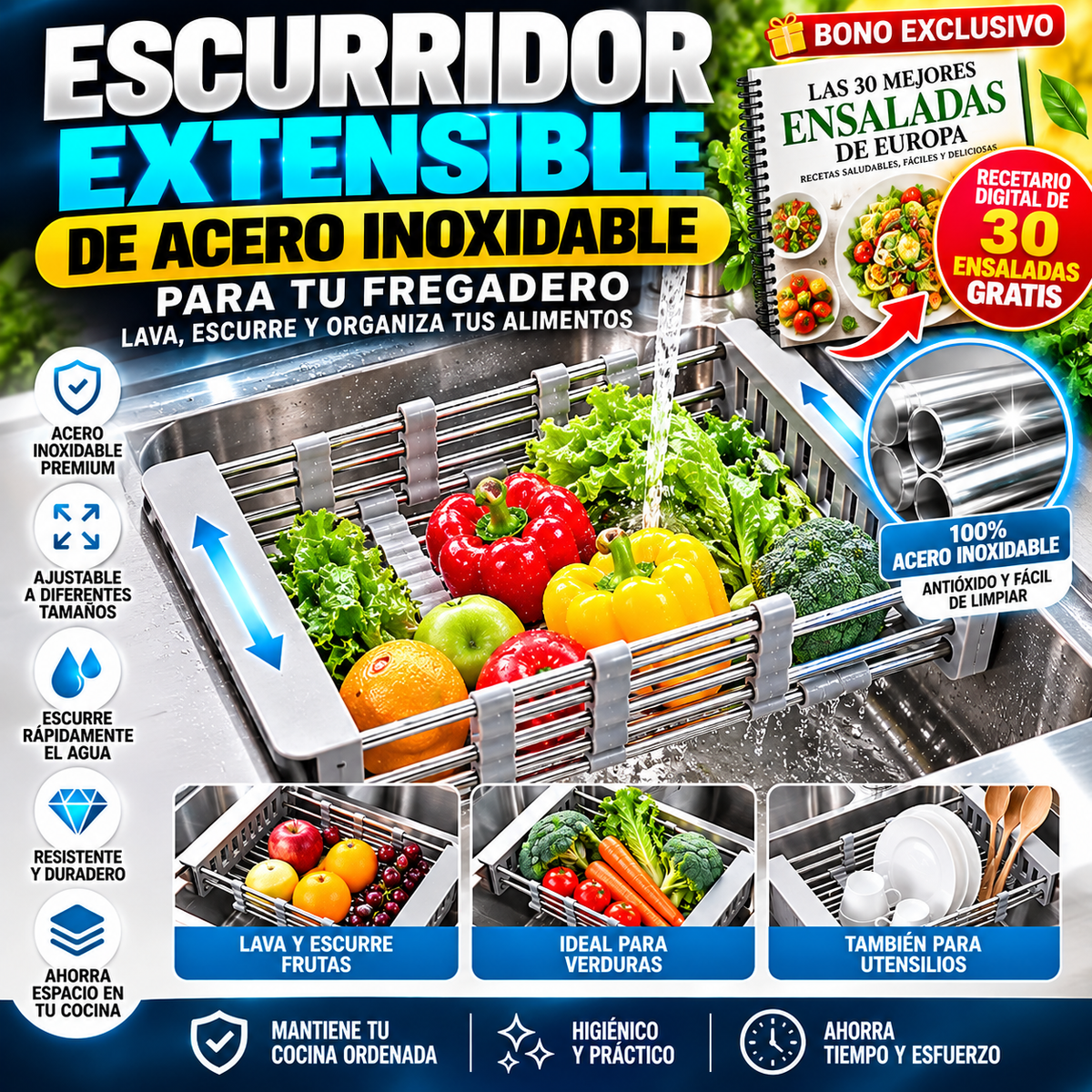AquaFlex Pro™ – Escurridor Extensible de Acero Inoxidable