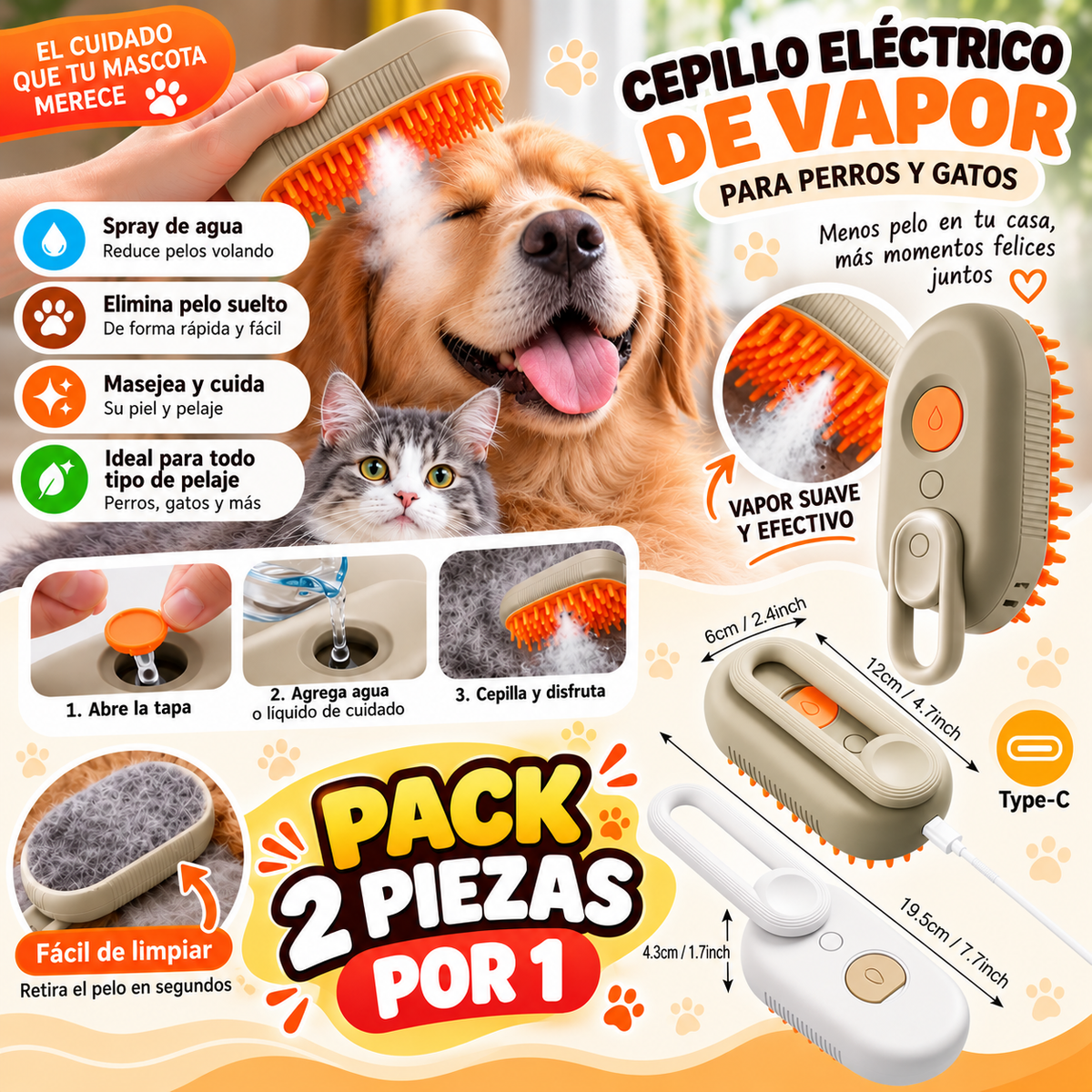 Cepillo Vapor Para Mascotas Pack 2 Piezas
